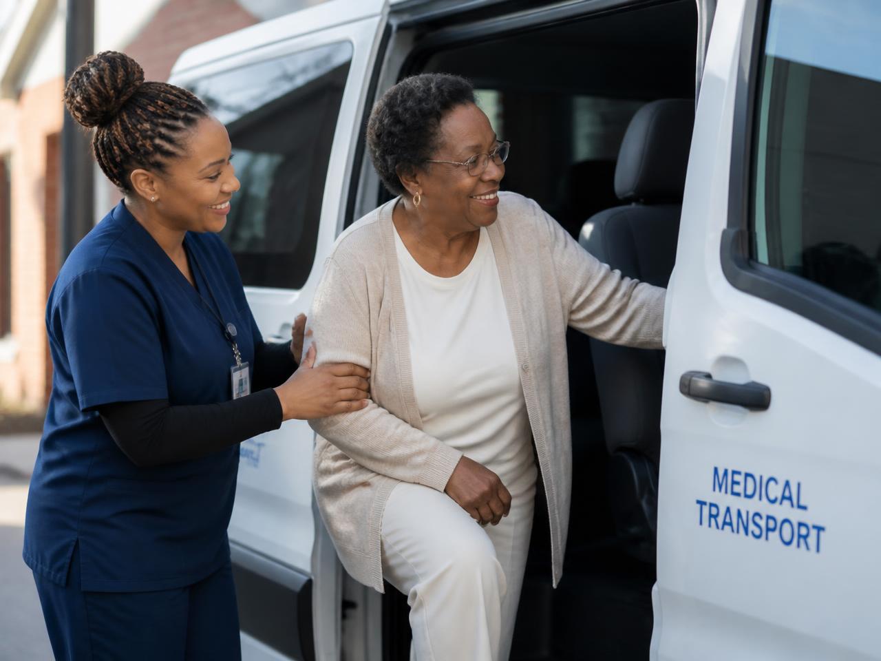 Caregiver helping a senior client into a medical transport van